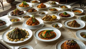 Tradisionele Wes-Afrikaanse geregte gerangskik op 'n marmertafel, met ryskoepels, bredies en gebraaide bygeregte.