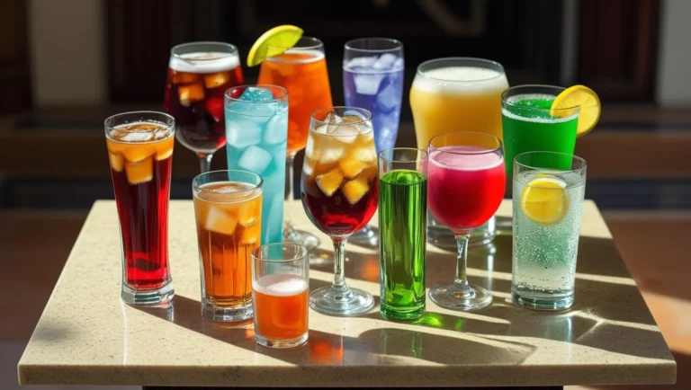 Thirteen colorful drinks in assorted glasses with fruit garnishes on a light tabletop.
