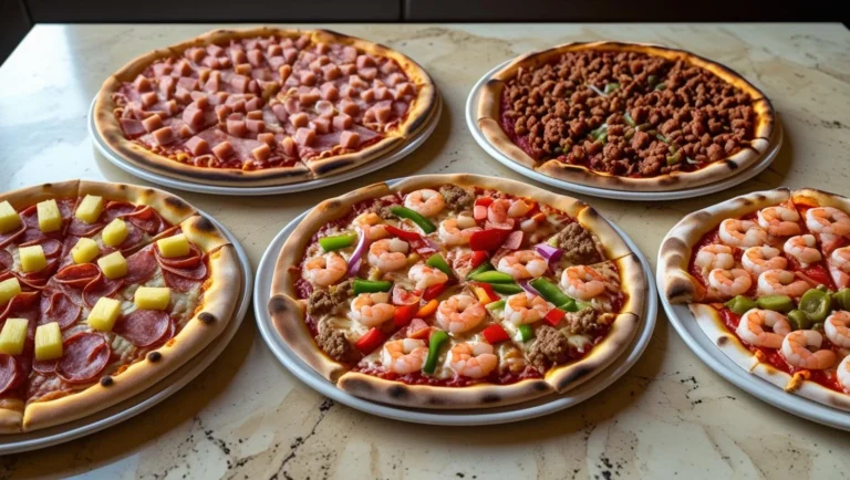 Five pizzas with diverse toppings including ham, beef, shrimp, vegetables, and pineapple.