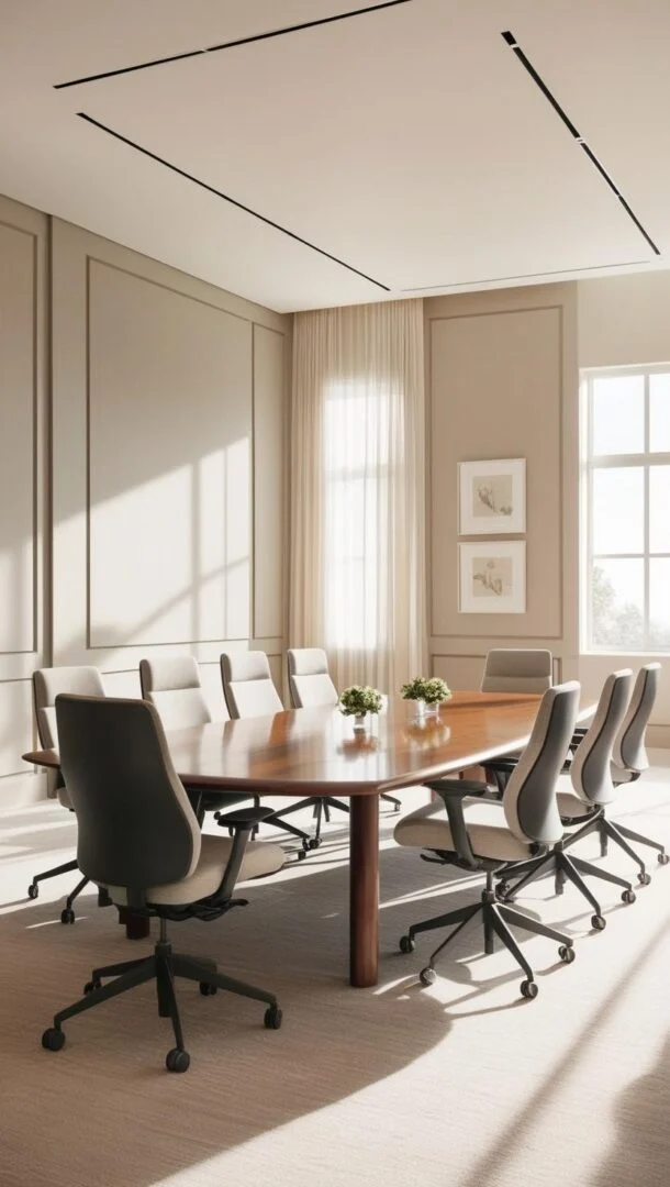 Conference room at Cubita Guesthouse with oval table, ergonomic chairs and elegant decor.